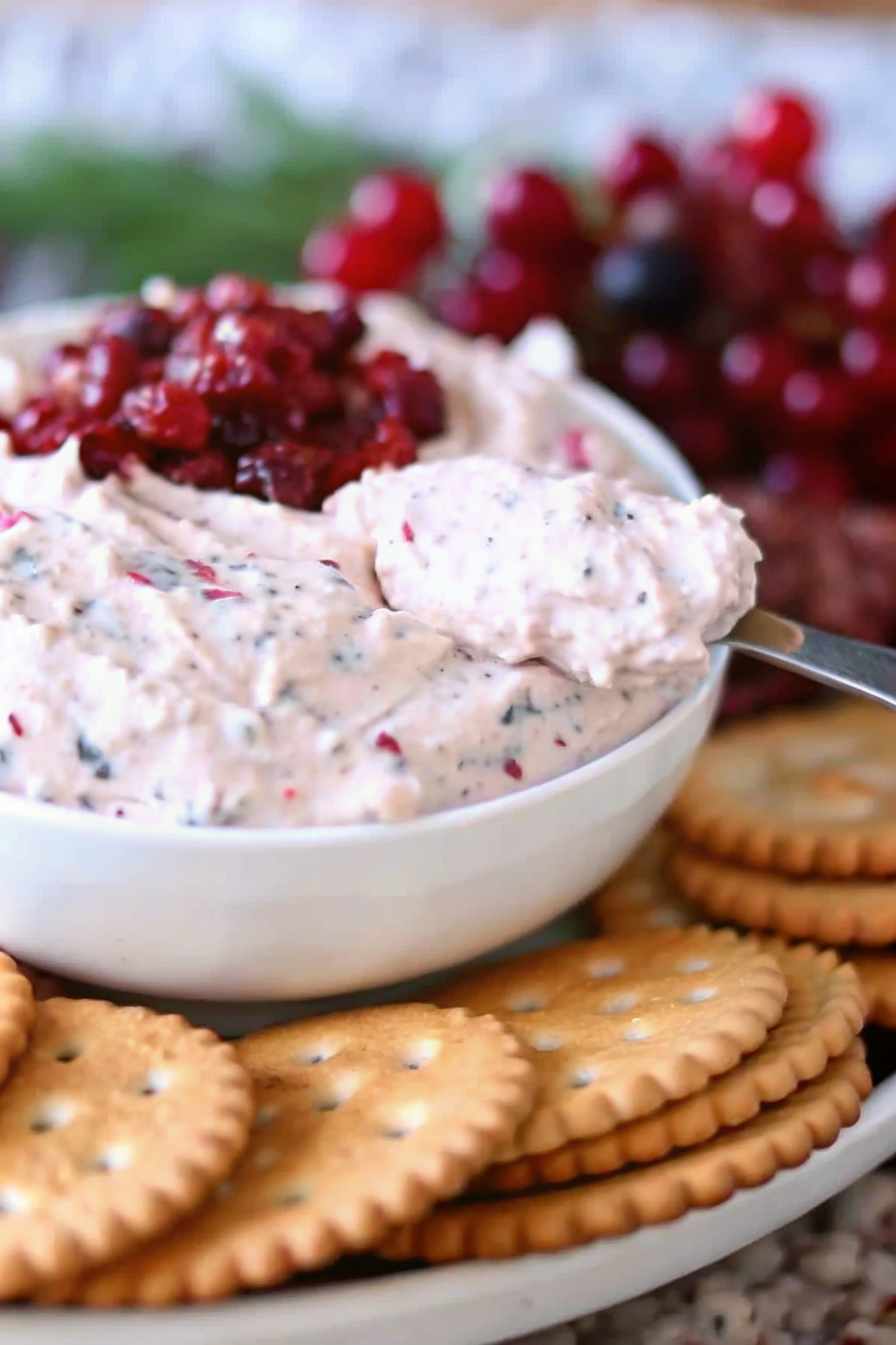A close-up of a cracker scooped with creamy cranberry jalapeño dip