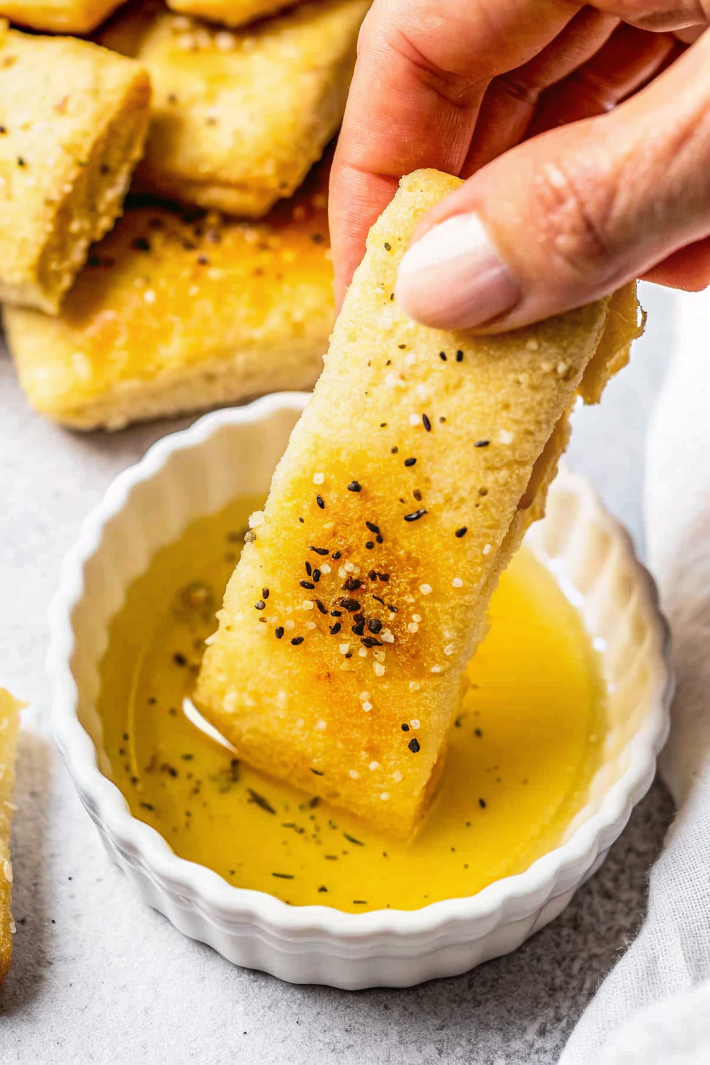 Brushing garlic butter and herbs onto warm bread sticks.