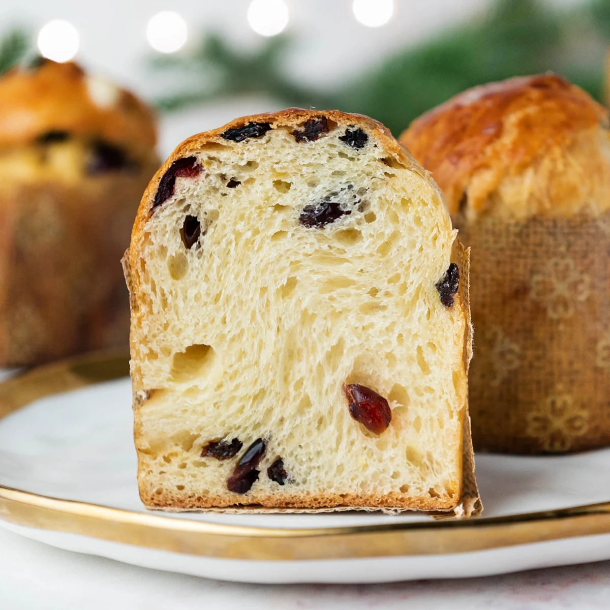 A slice of dense, moist fruit cake on a white plate ready to eat