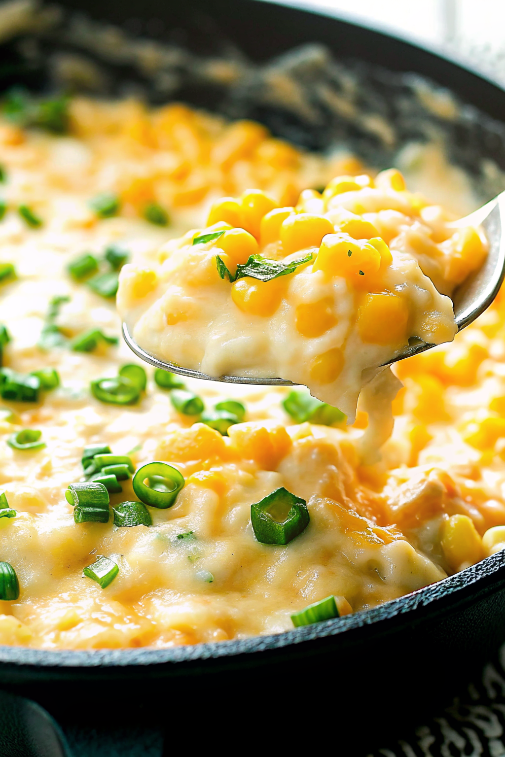 A sizzling cast iron skillet filled with golden brown corn cheese stretching as a spoon lifts a bite