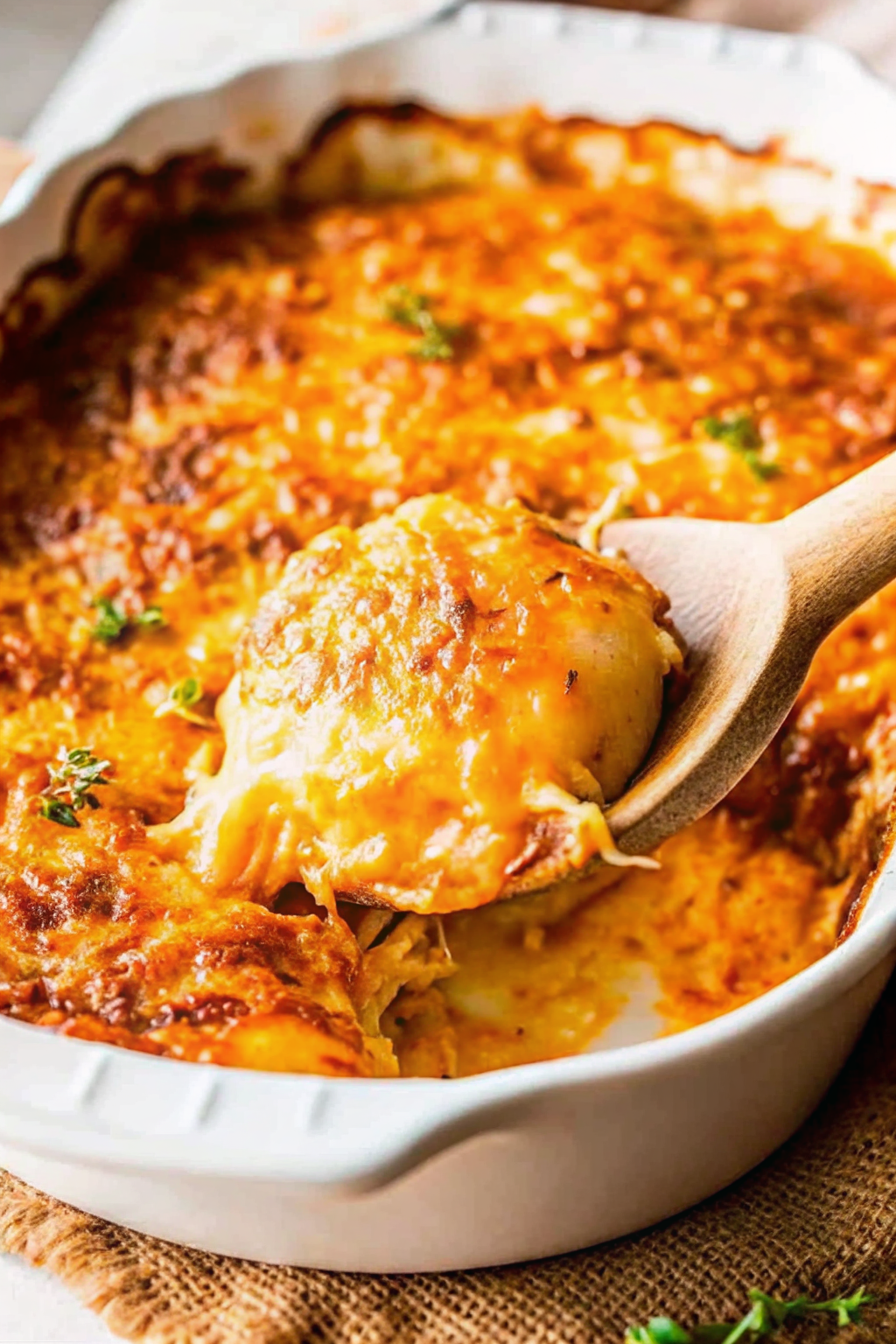 A bubbling dish of Cheesy Potato Gratin with a golden brown crust