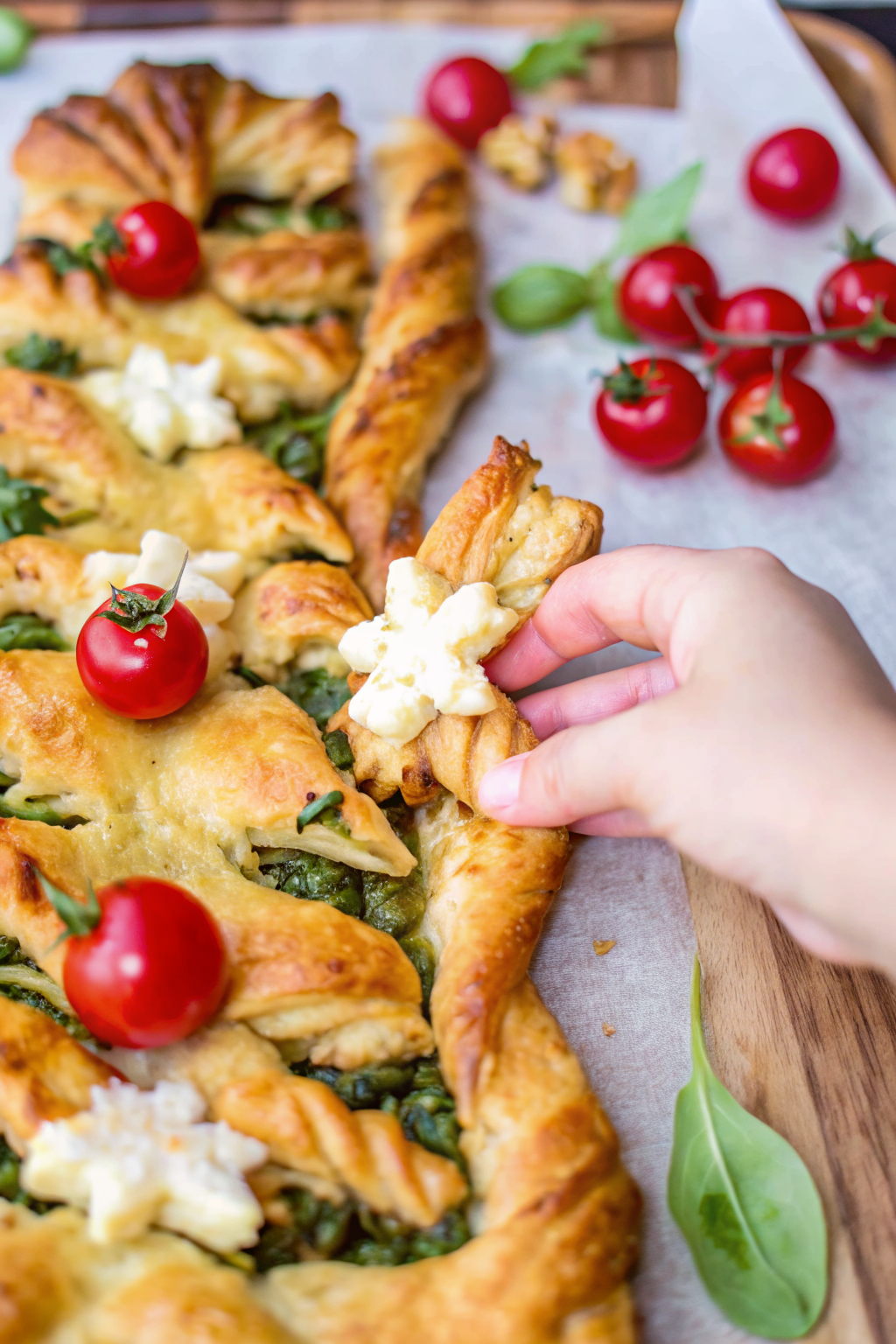  Hands twisting strips of raw puff pastry to create the tree branches