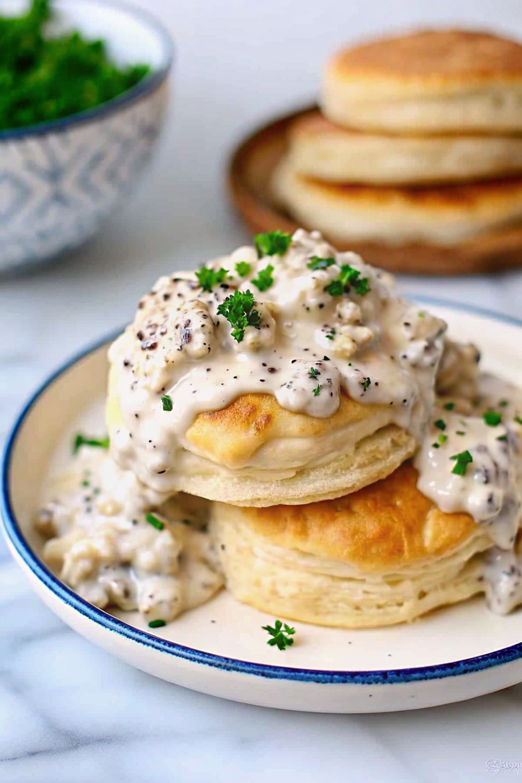A plate of fluffy buttermilk biscuits smothered in creamy white sausage gravy with black pepper on a rustic table