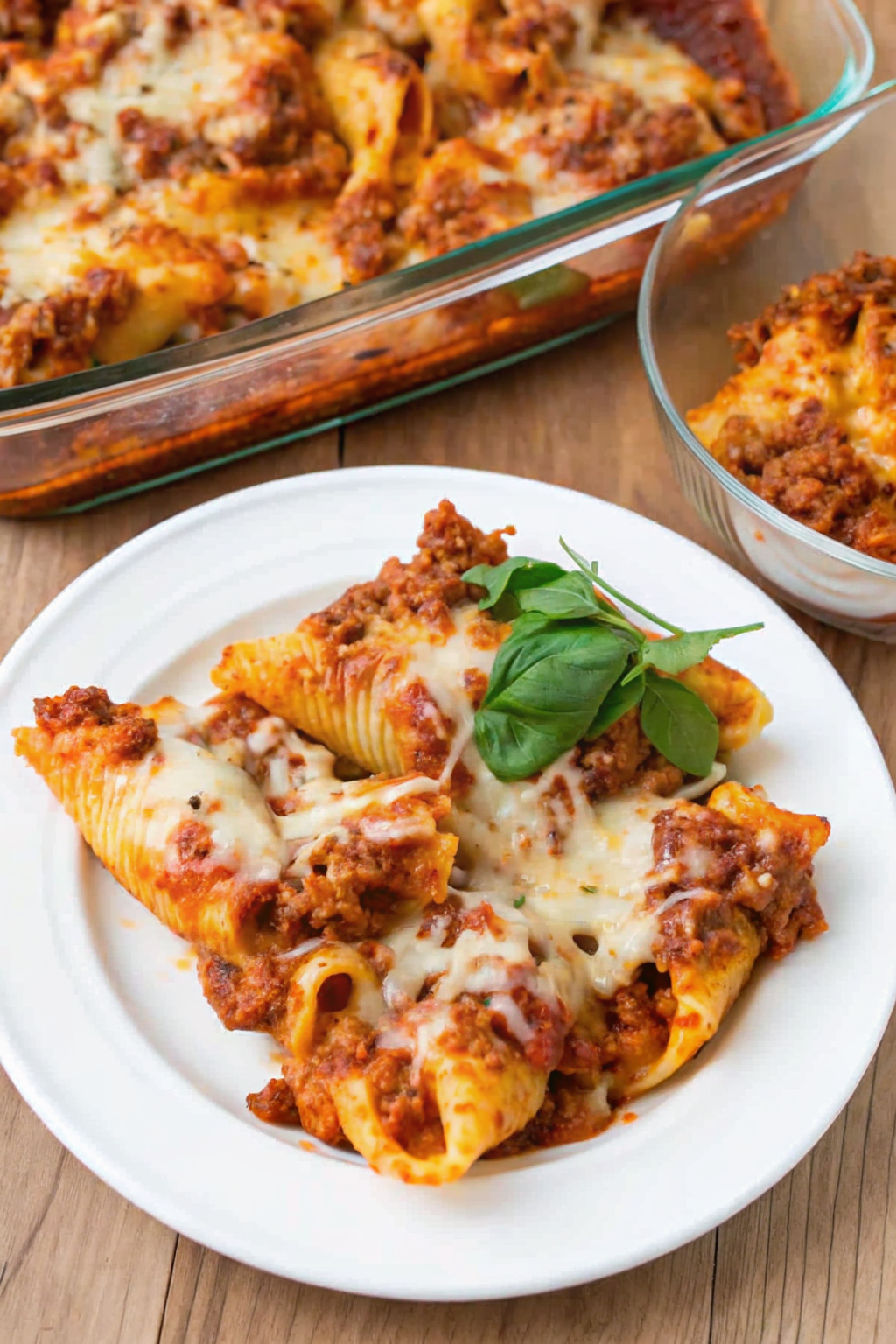 Ten oval stuffed shells with savory filling arranged on a speckled plate with marinara sauce and fresh basil