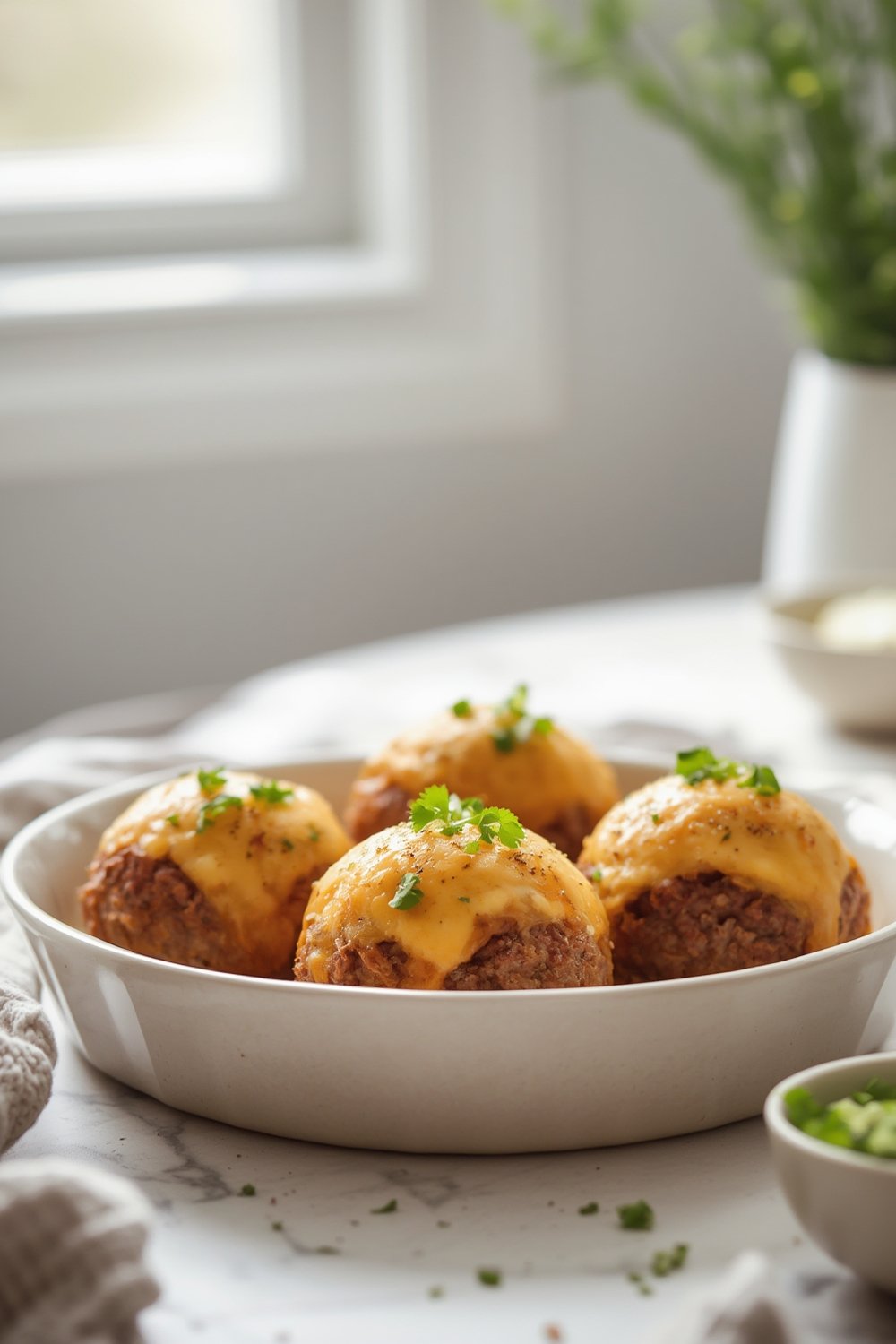 Cheesy Garlic Parmesan Cheeseburger Bombs with melted golden cheese topping and green herb garnish on a white plate