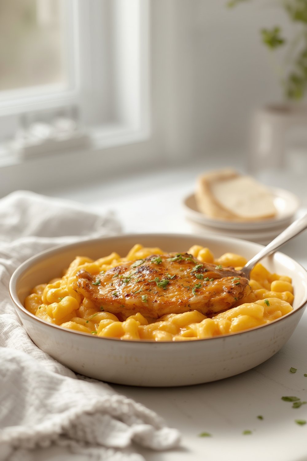 Honey Garlic Butter Chicken with Mac & Cheese served in a shallow bowl with golden-brown glazed chicken and creamy yellow cheese sauce