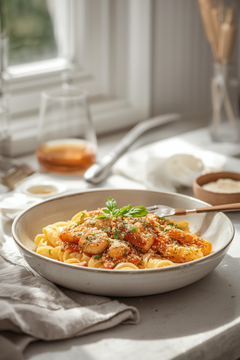Honey Pepper Chicken Panini Pasta served with creamy ribbon pasta and tender chicken in a vibrant orange-red sauce