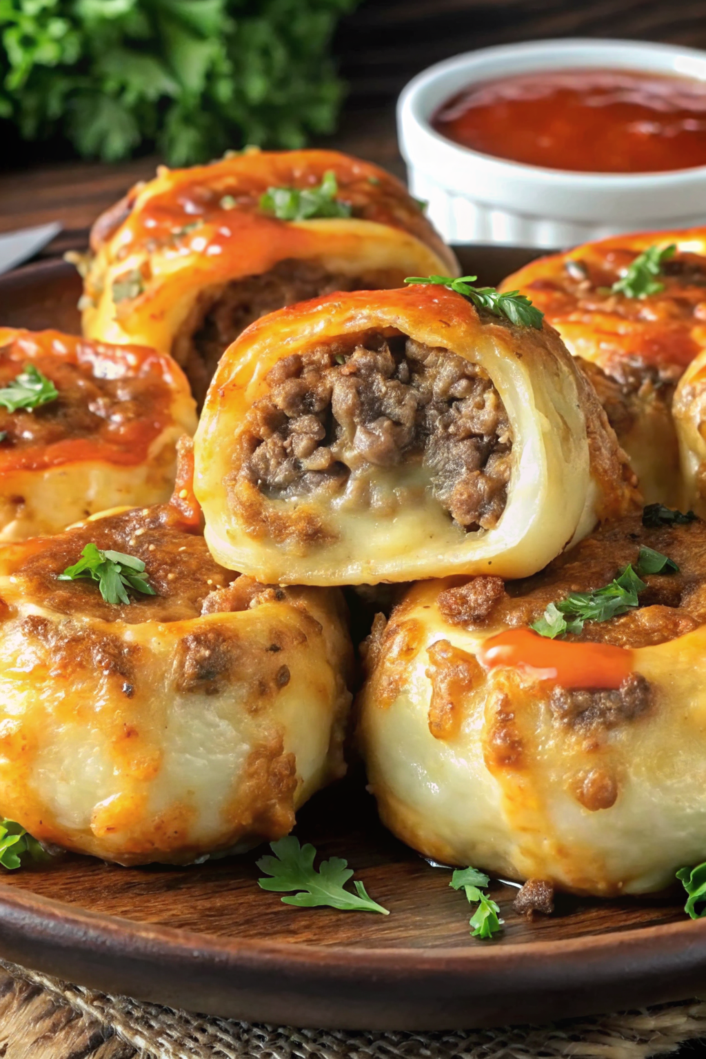 Garlic Butter Cheeseburger Rollups arranged symmetrically on a white plate with herbs and breadcrumbs