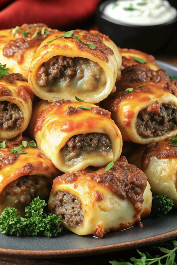 Golden-brown Garlic Butter Cheeseburger Rollups arranged in a white dish, topped with fresh herbs.
